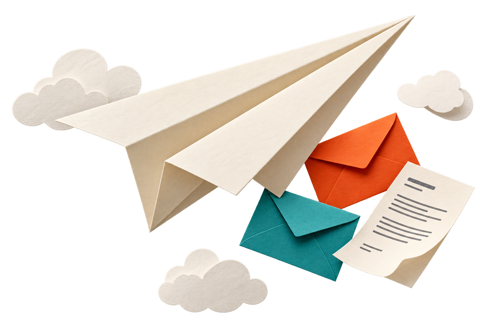 A folded paper plane carrying good ideas, with colourful envelopes and paper clouds
